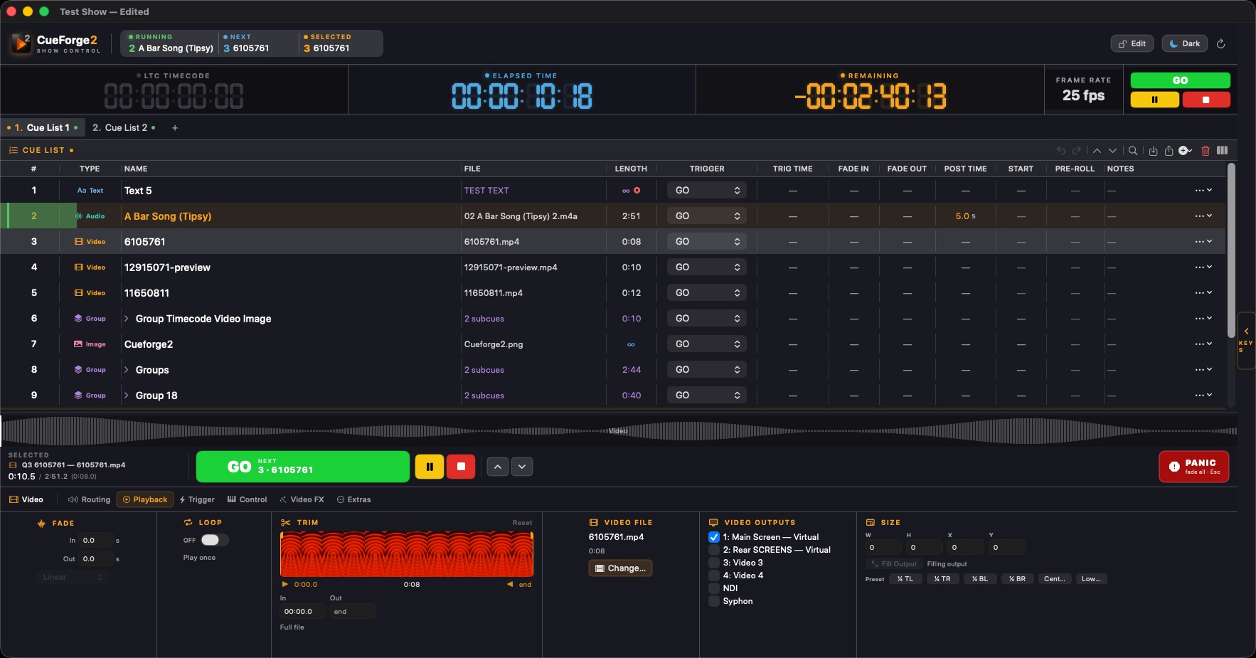 The CueForge window during a show: a cue list containing text, audio, video, image and group cues, with cue 2 running, LTC and elapsed clocks above it, and the playback inspector open below.